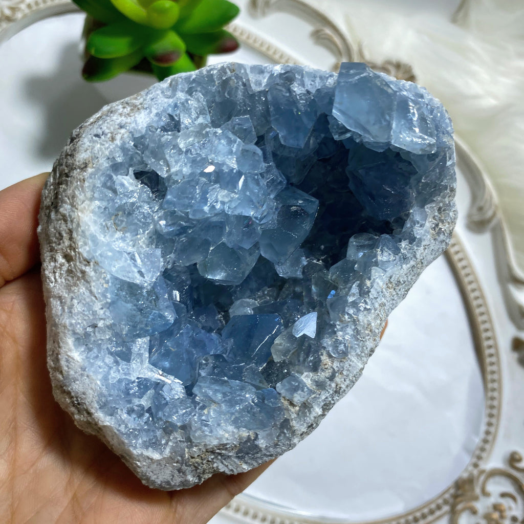 Stunning Large Celestite Sweet Blue Natural Druzy Display Geode From Madagascar - Earth Family Crystals