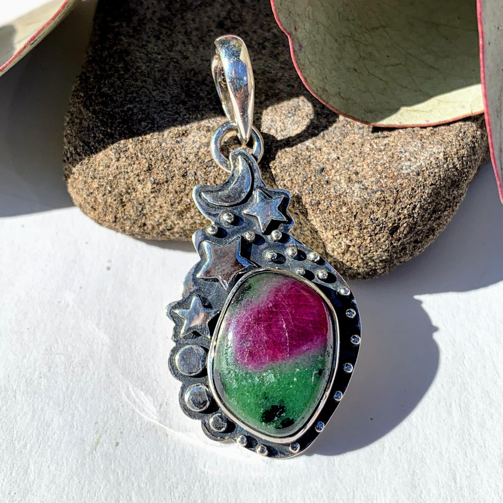 Celestial Moon & Stars Ruby Zoisite Gemstone Pendant in Oxidized Sterling Silver (Includes Silver Chain) #2 - Earth Family Crystals