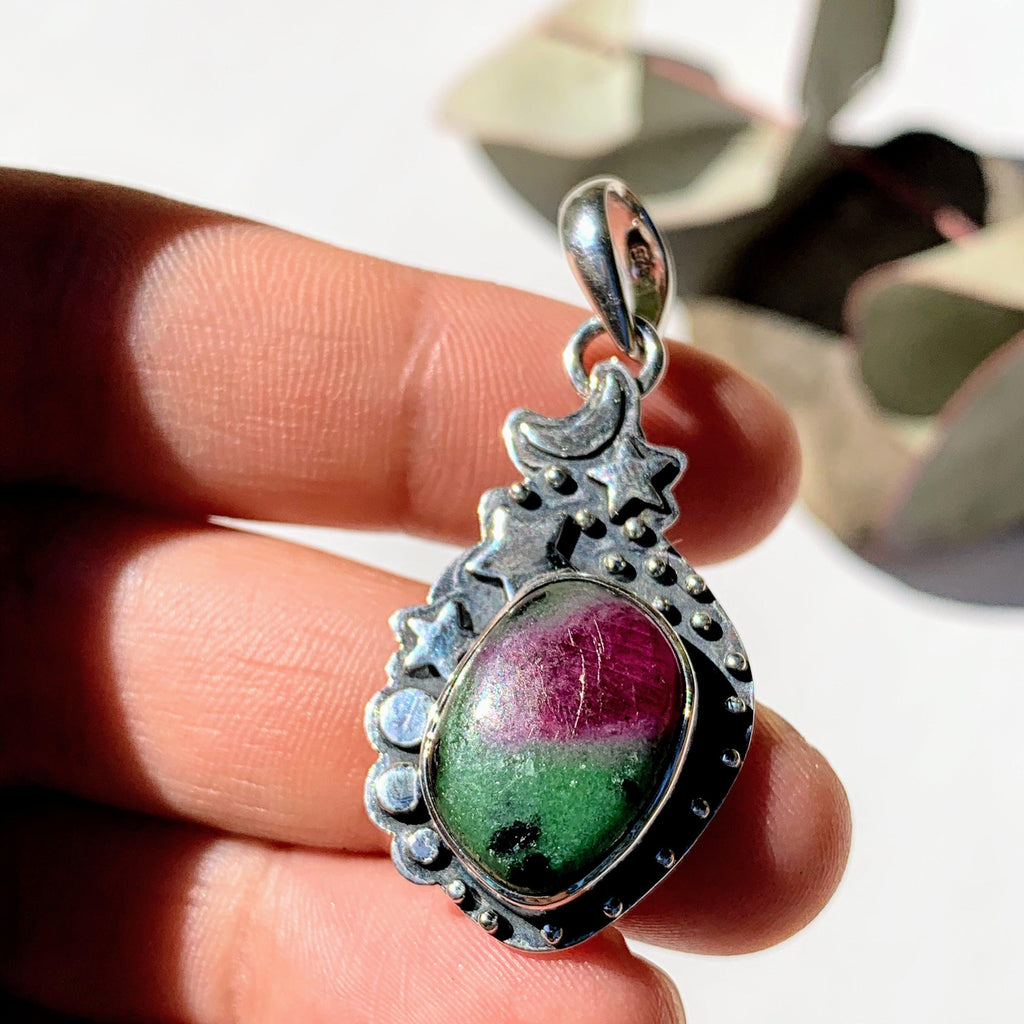 Celestial Moon & Stars Ruby Zoisite Gemstone Pendant in Oxidized Sterling Silver (Includes Silver Chain) #2 - Earth Family Crystals