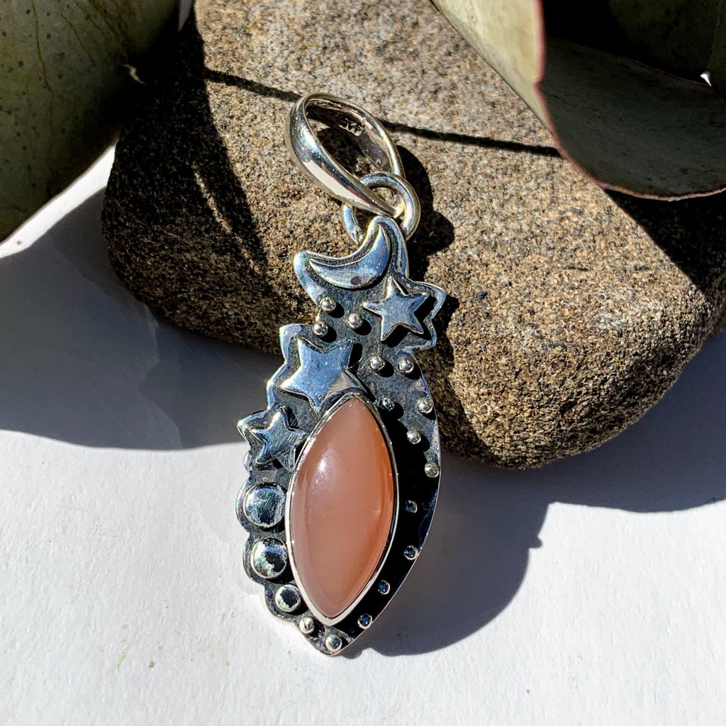 Celestial Moon & Stars Peach Moonstone Gemstone Pendant in Oxidized Sterling Silver (Includes Silver Chain) #1 - Earth Family Crystals