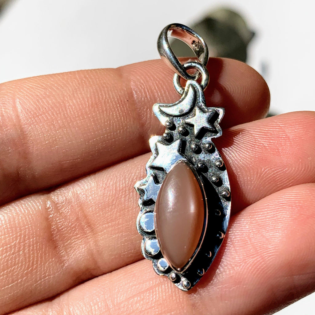 Celestial Moon & Stars Peach Moonstone Gemstone Pendant in Oxidized Sterling Silver (Includes Silver Chain) #1 - Earth Family Crystals