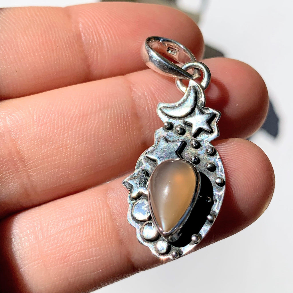 Celestial Moon & Stars Peach Moonstone Gemstone Pendant in Oxidized Sterling Silver (Includes Silver Chain) #2 - Earth Family Crystals