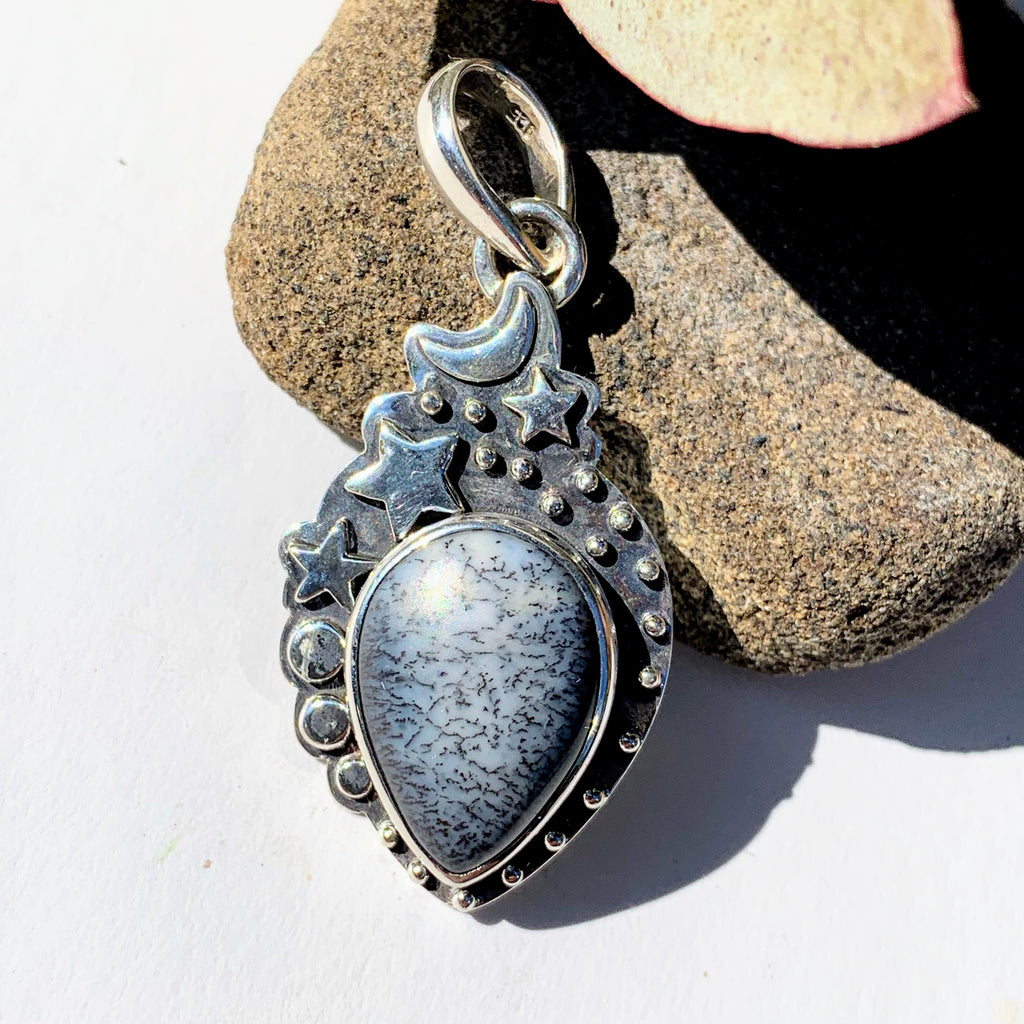 Celestial Moon & Stars Dendritic Agate Gemstone Pendant in Oxidized Sterling Silver (Includes Silver Chain) #1 - Earth Family Crystals