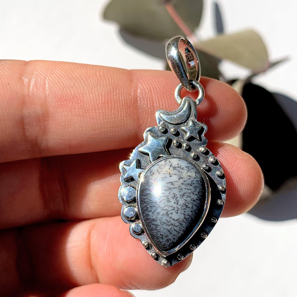 Celestial Moon & Stars Dendritic Agate Gemstone Pendant in Oxidized Sterling Silver (Includes Silver Chain) #1 - Earth Family Crystals