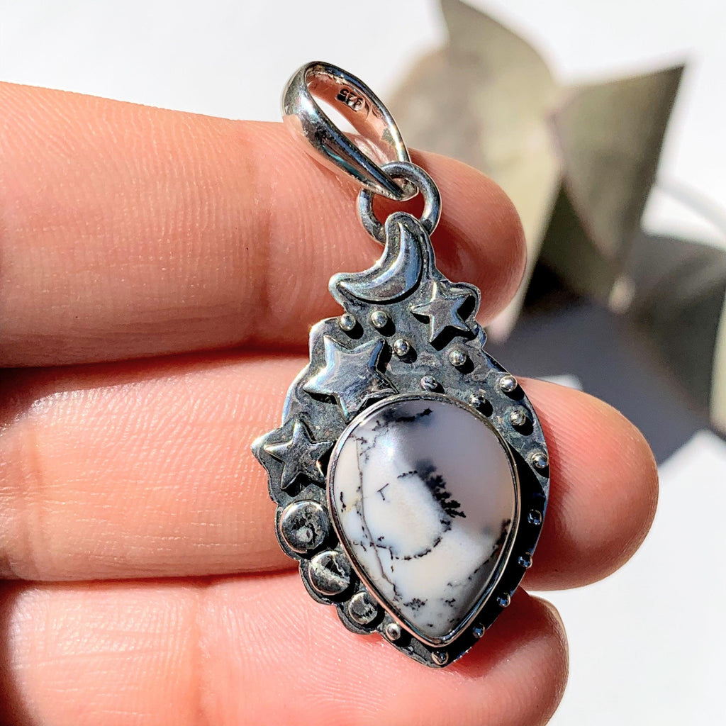 Celestial Moon & Stars Dendritic Agate Gemstone Pendant in Oxidized Sterling Silver (Includes Silver Chain) #2 - Earth Family Crystals