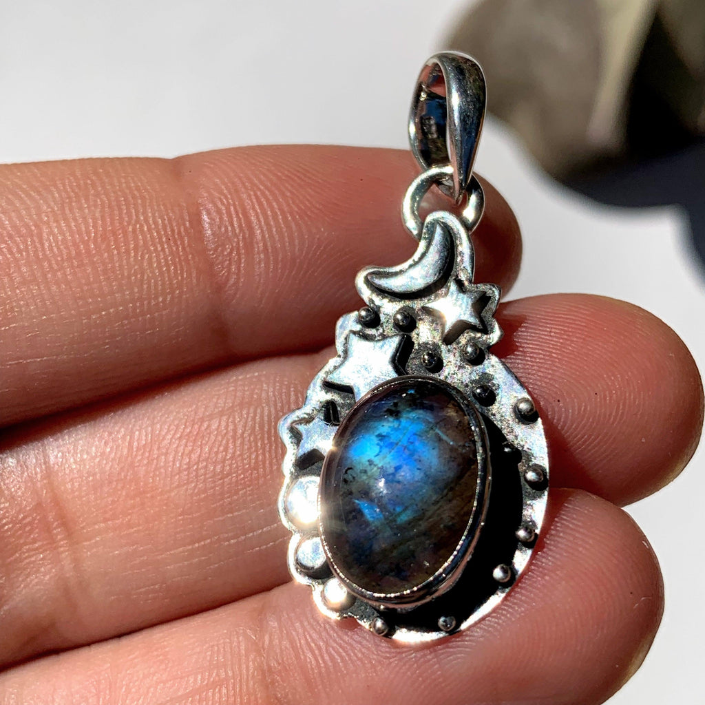 Celestial Moon & Stars Labradorite Gemstone Pendant in Oxidized Sterling Silver (Includes Silver Chain) #1 - Earth Family Crystals