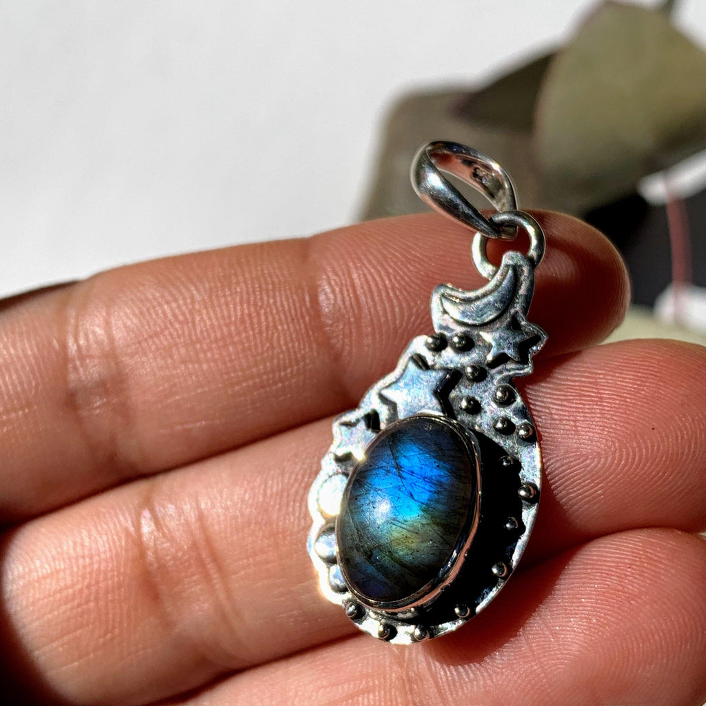 Celestial Moon & Stars Labradorite Gemstone Pendant in Oxidized Sterling Silver (Includes Silver Chain) #3 - Earth Family Crystals