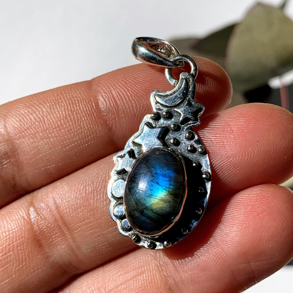 Celestial Moon & Stars Labradorite Gemstone Pendant in Oxidized Sterling Silver (Includes Silver Chain) #3 - Earth Family Crystals