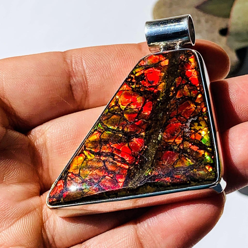 Chunky XL Incredible Flashes Alberta Ammolite Pendant in Sterling Silver (Includes Silver Chain) - Earth Family Crystals