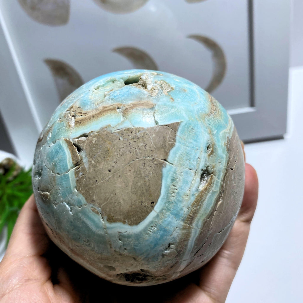 Blue Aragonite XL Partially Polished Sphere Carving With Caves #1 - Earth Family Crystals