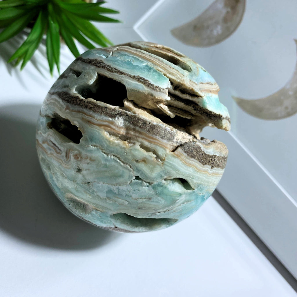 Blue Aragonite XL Partially Polished Sphere Carving With Caves #2 - Earth Family Crystals