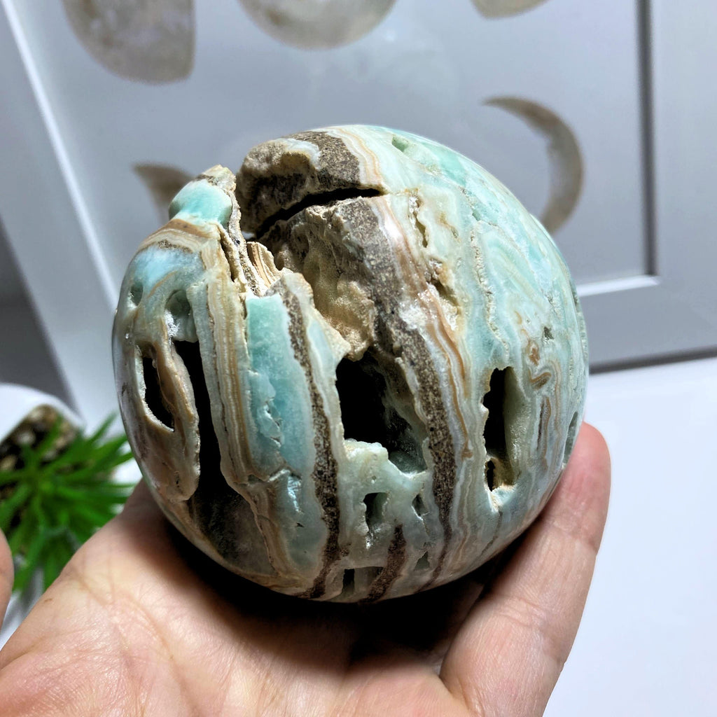 Blue Aragonite XL Partially Polished Sphere Carving With Caves #2 - Earth Family Crystals