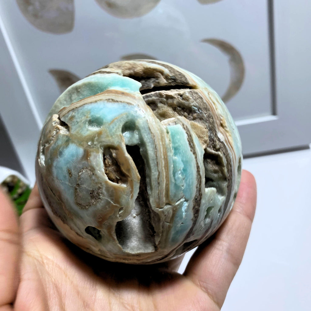 Blue Aragonite XL Partially Polished Sphere Carving With Caves #2 - Earth Family Crystals