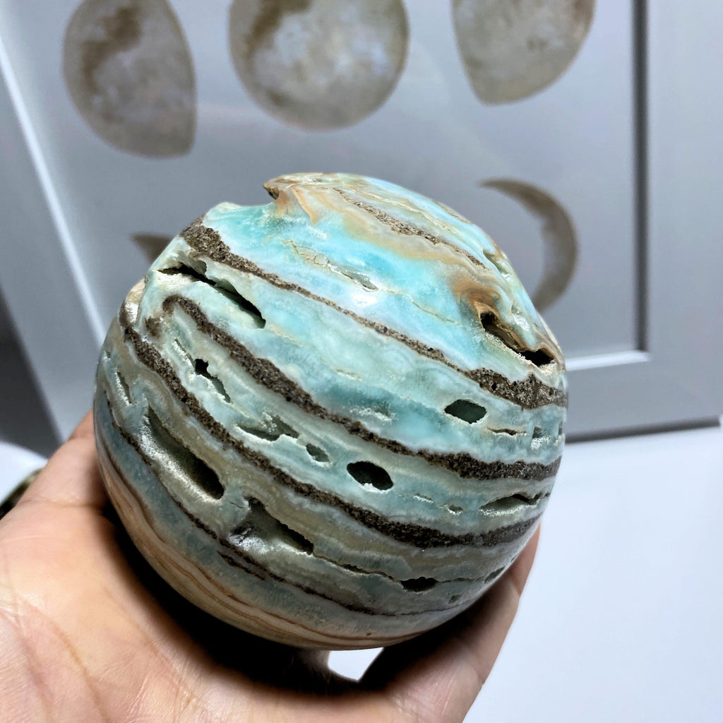 Blue Aragonite XL Partially Polished Sphere Carving With Caves #2 - Earth Family Crystals