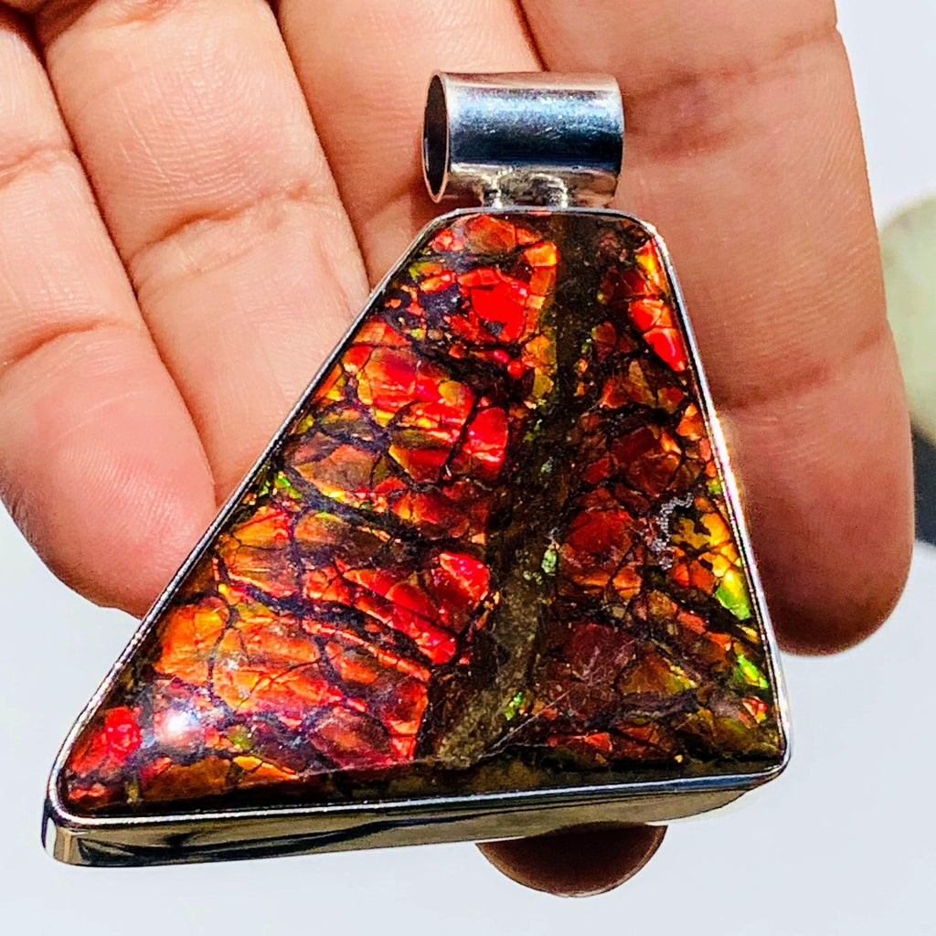 Chunky XL Incredible Flashes Alberta Ammolite Pendant in Sterling Silver (Includes Silver Chain) - Earth Family Crystals