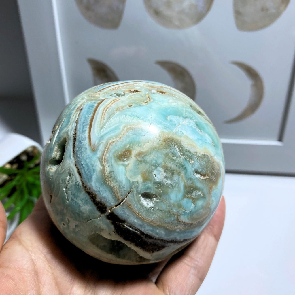 Blue Aragonite XL Partially Polished Sphere Carving With Caves #2 - Earth Family Crystals