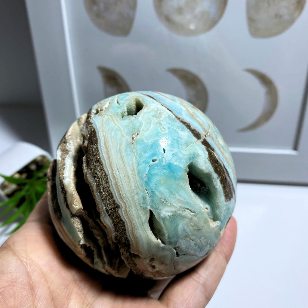 Blue Aragonite XL Partially Polished Sphere Carving With Caves #2 - Earth Family Crystals