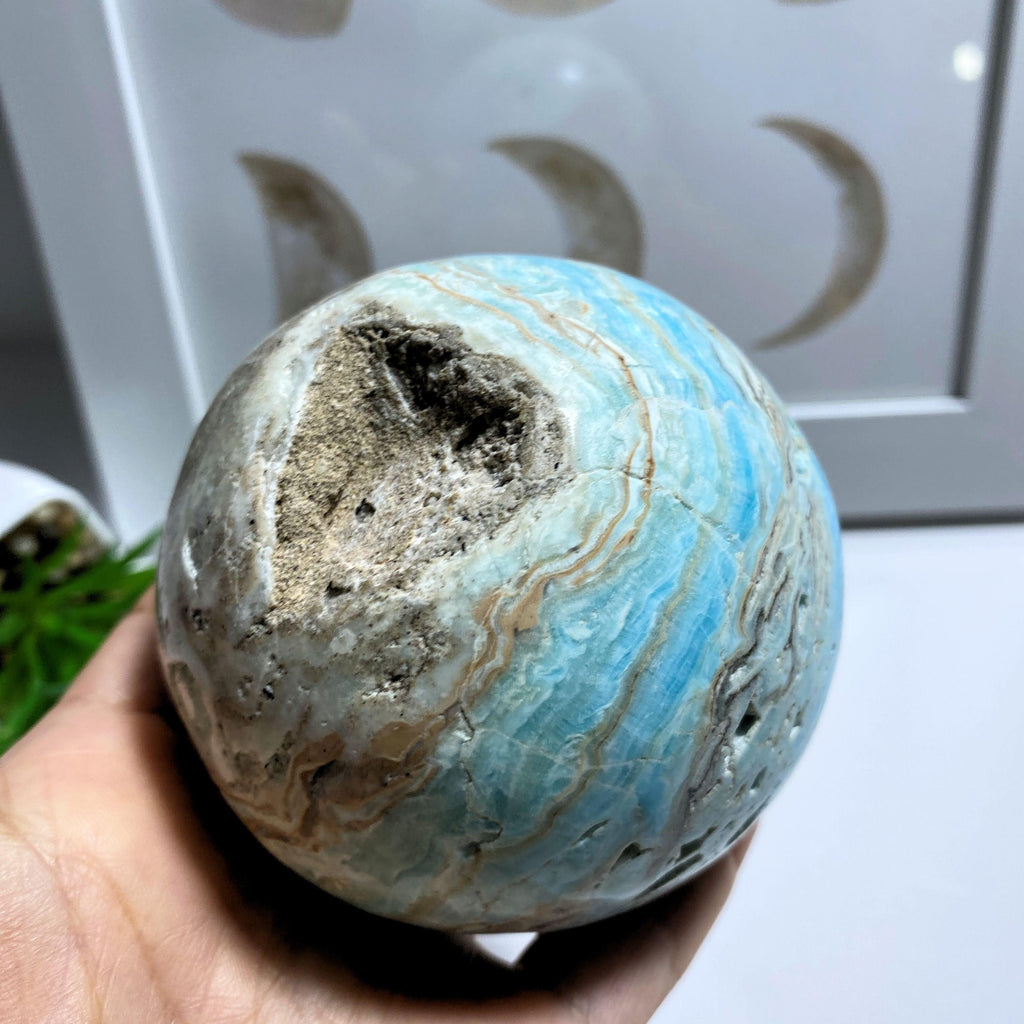 Blue Aragonite XL Partially Polished Sphere Carving With Caves #3 - Earth Family Crystals