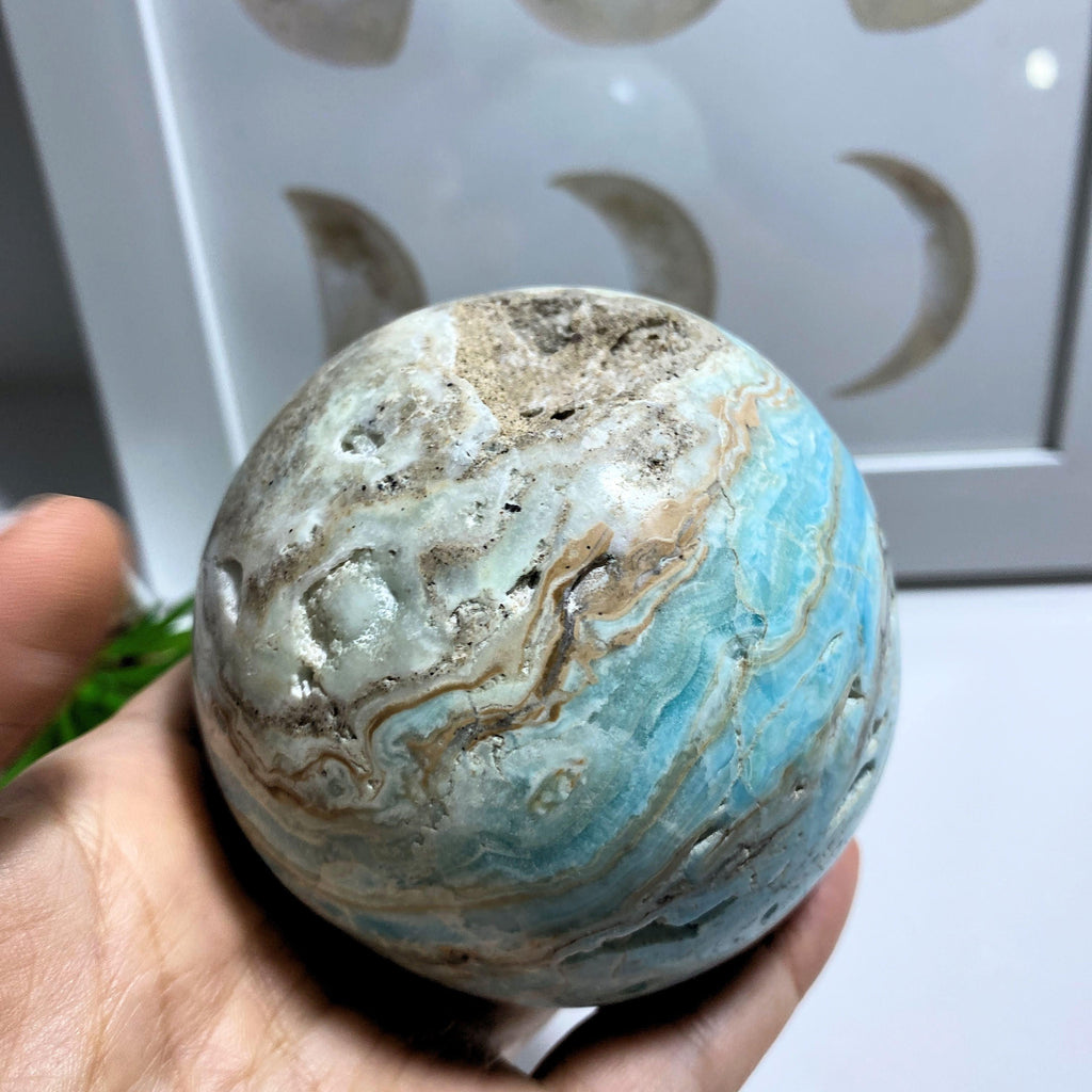 Blue Aragonite XL Partially Polished Sphere Carving With Caves #3 - Earth Family Crystals