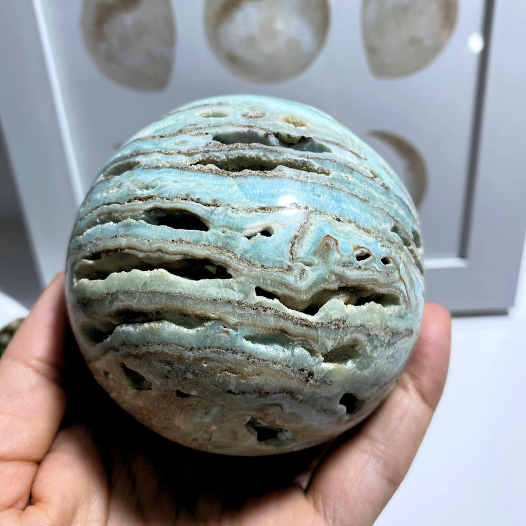 Blue Aragonite XL Partially Polished Sphere Carving With Caves #4 - Earth Family Crystals