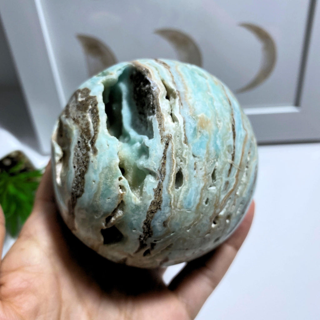 Blue Aragonite XL Partially Polished Sphere Carving With Caves #5 - Earth Family Crystals