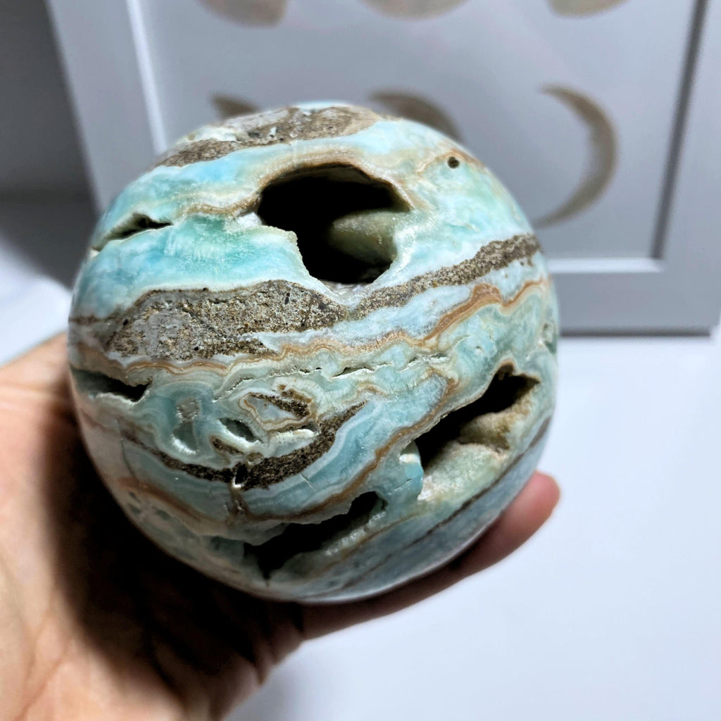 Blue Aragonite XL Partially Polished Sphere Carving With Caves #5 - Earth Family Crystals