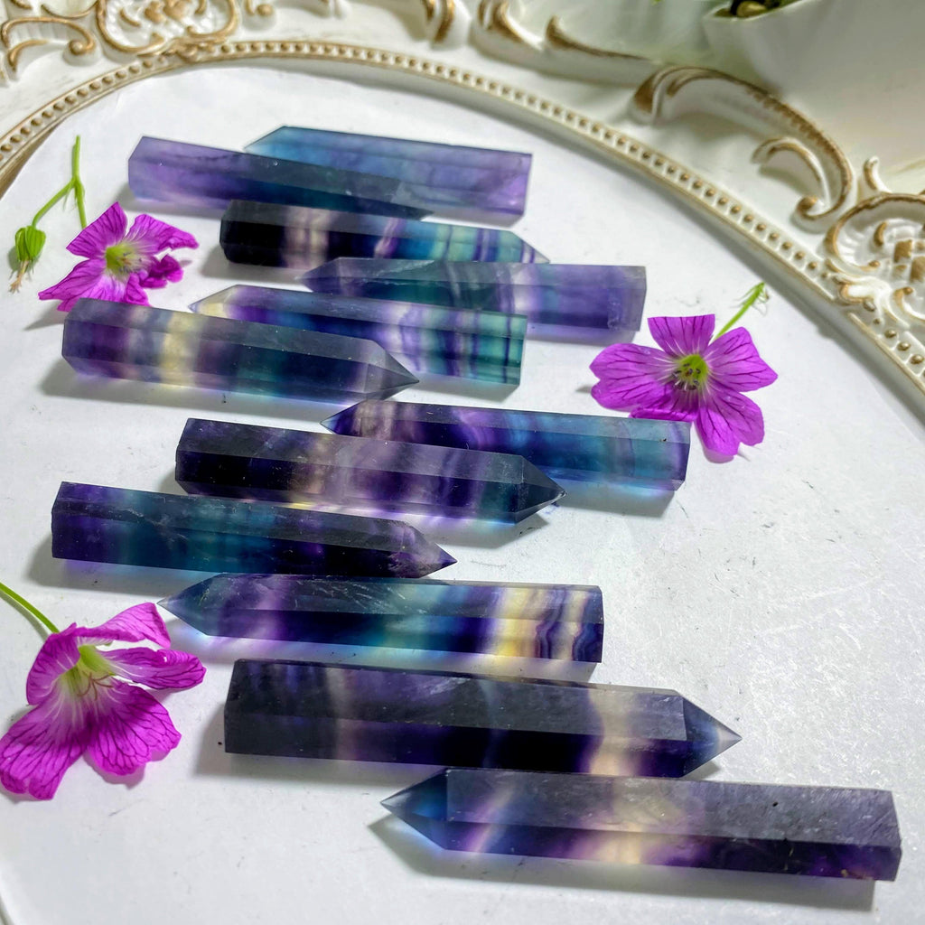 Set of 2 Rainbow Fluorite Polished Standing Towers -Ideal For Crystal Grids - Earth Family Crystals