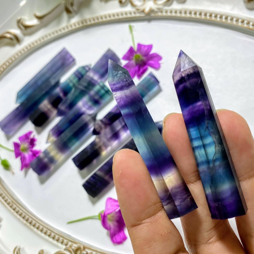 Set of 2 Rainbow Fluorite Polished Standing Towers -Ideal For Crystal Grids - Earth Family Crystals