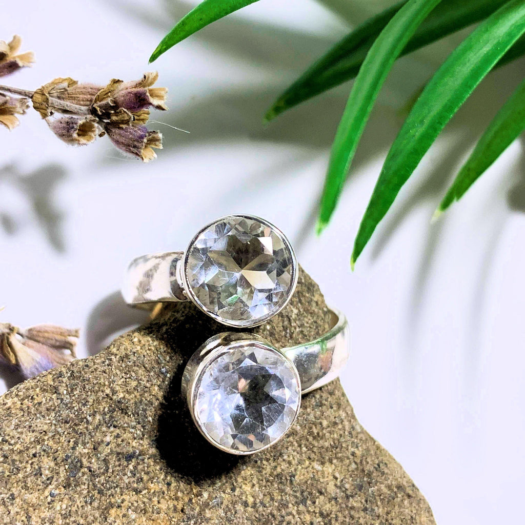 Clear Quartz Faceted Double Stone Sterling Silver Ring (Size Adjustable 8-9) - Earth Family Crystals