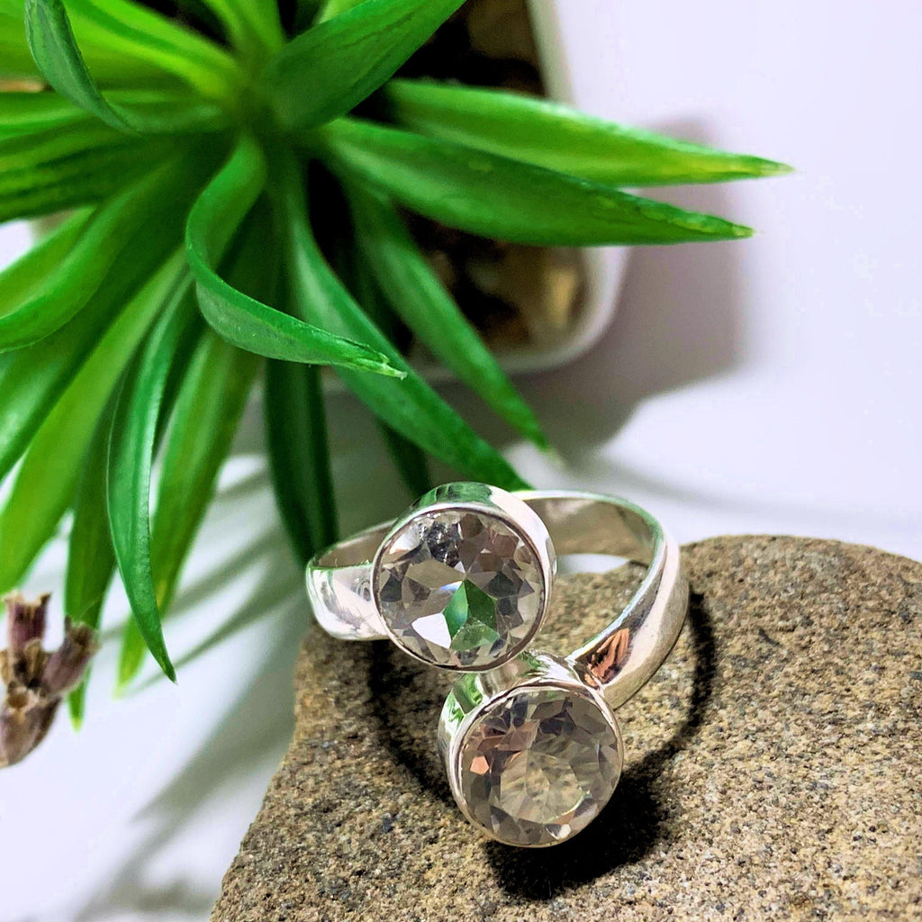 Clear Quartz Faceted Double Stone Sterling Silver Ring (Size Adjustable 8-9) - Earth Family Crystals