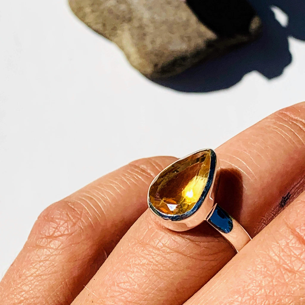 Elegant Faceted Teardrop Golden Citrine Ring in Sterling Silver (Size 6) - Earth Family Crystals