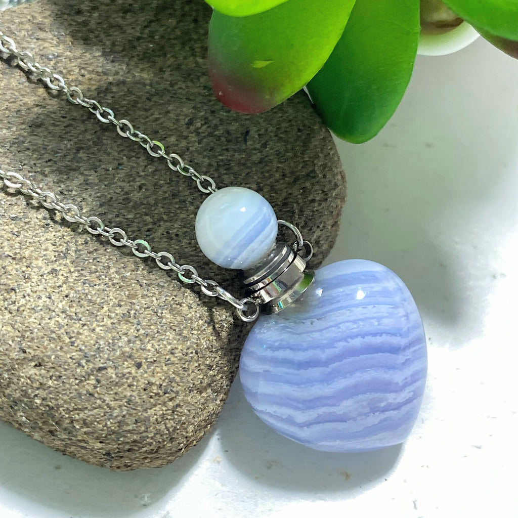 Blue Lace Agate Essential Oil/Perfume Bottle Necklace (24 inch Chain) - Earth Family Crystals