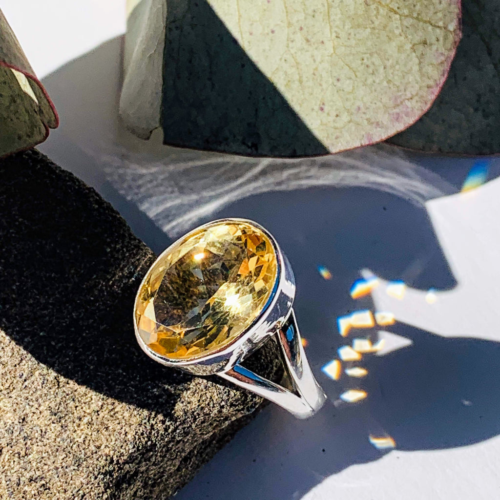 Elegant Faceted Golden Citrine Ring in Sterling Silver (Size 7) - Earth Family Crystals