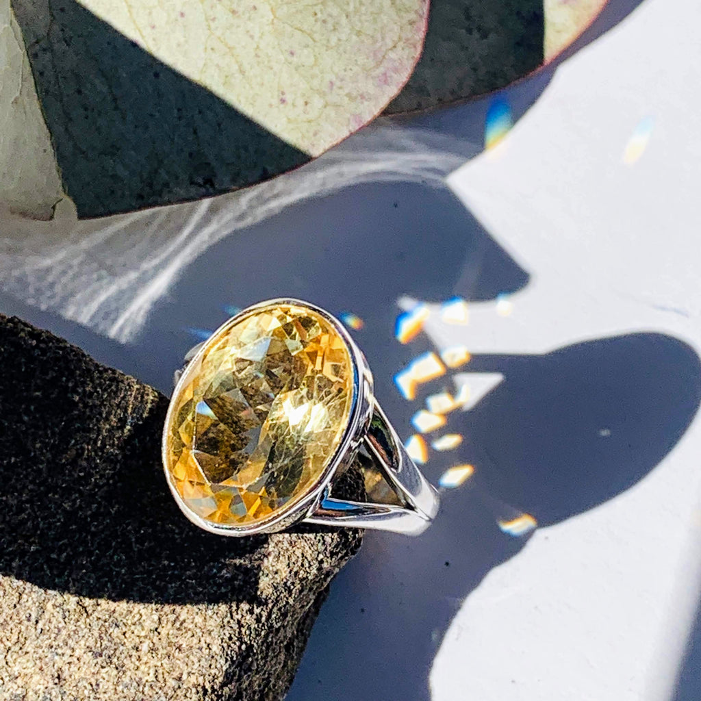 Elegant Faceted Golden Citrine Ring in Sterling Silver (Size 7) - Earth Family Crystals