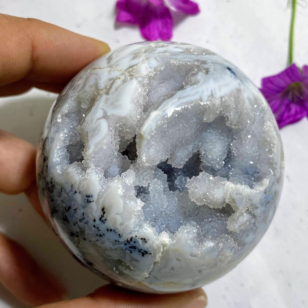 Incredible Druzy Cave Geode Dendritic Agate Sphere Carving - Earth Family Crystals