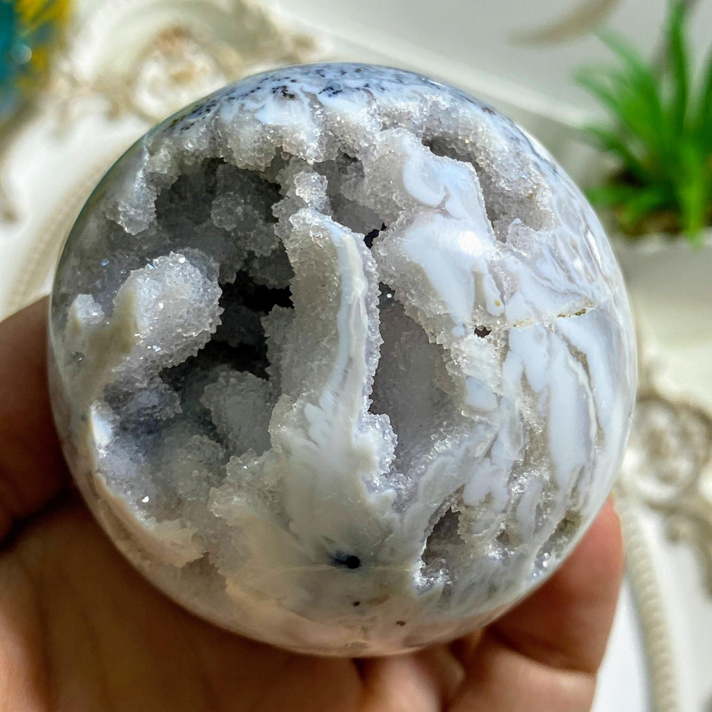 Incredible Druzy Cave Geode Dendritic Agate Sphere Carving - Earth Family Crystals