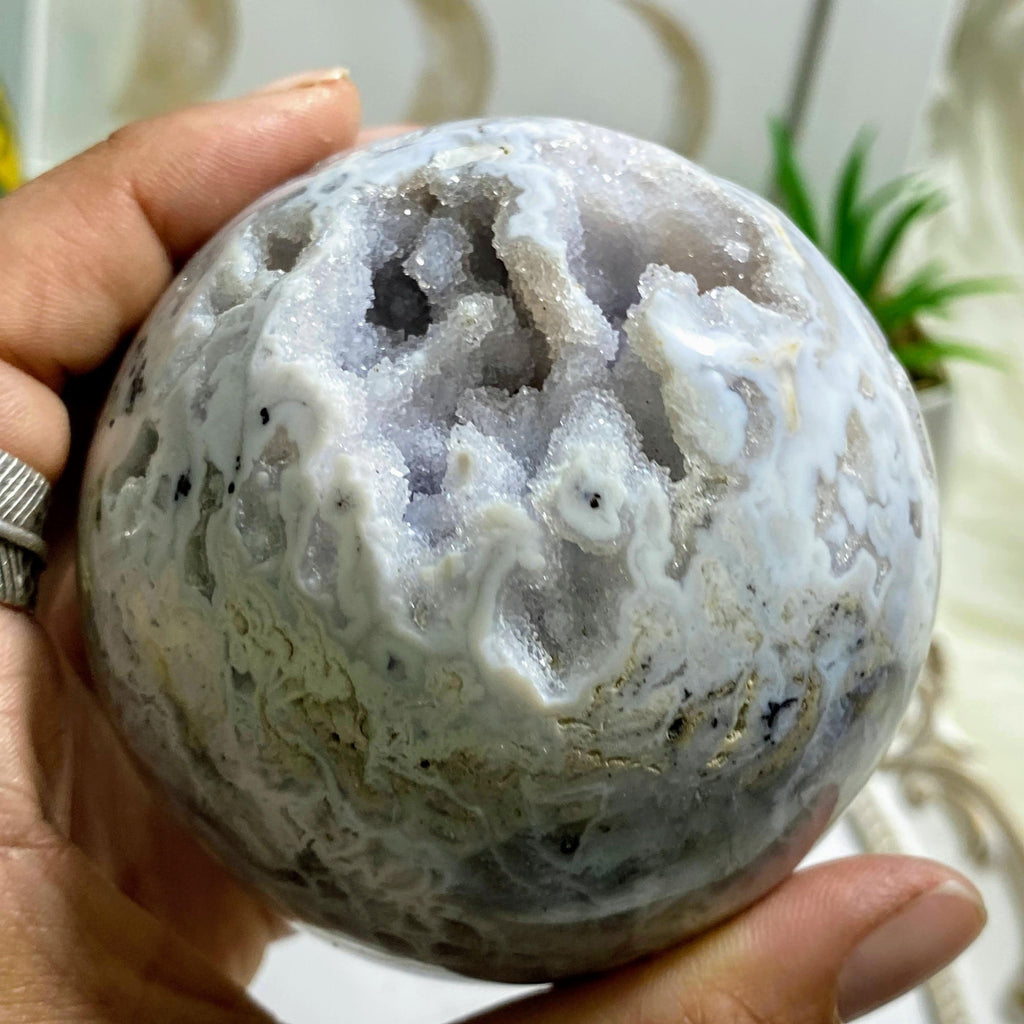 Incredible XL Druzy Cave Geode Dendritic Agate Sphere Carving - Earth Family Crystals