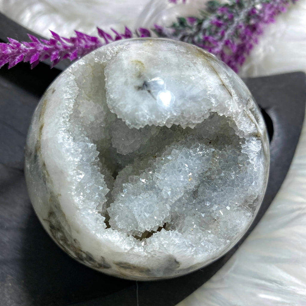Beautiful XL Druzy Cave Geode Dendritic Agate Sphere Carving (Includes Stand) - Earth Family Crystals