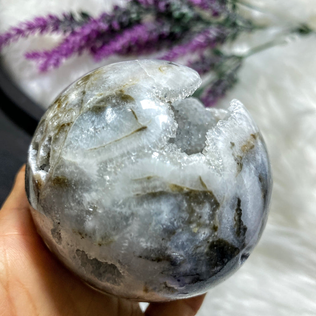 Beautiful XL Druzy Cave Geode Dendritic Agate Sphere Carving (Includes Stand) - Earth Family Crystals