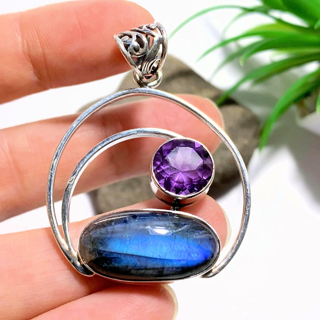 Gorgeous Faceted Amethyst & Flashy Labradorite Sterling Silver Pendant (Includes Silver Chain) #1 - Earth Family Crystals