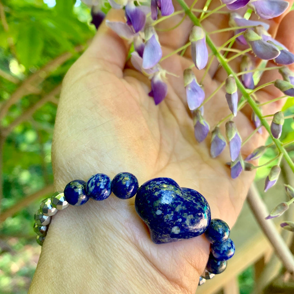 Vibrant Blue Lapis Lazuli Heart & Hematite Bracelet on Adjustable Cotton Cord - Earth Family Crystals