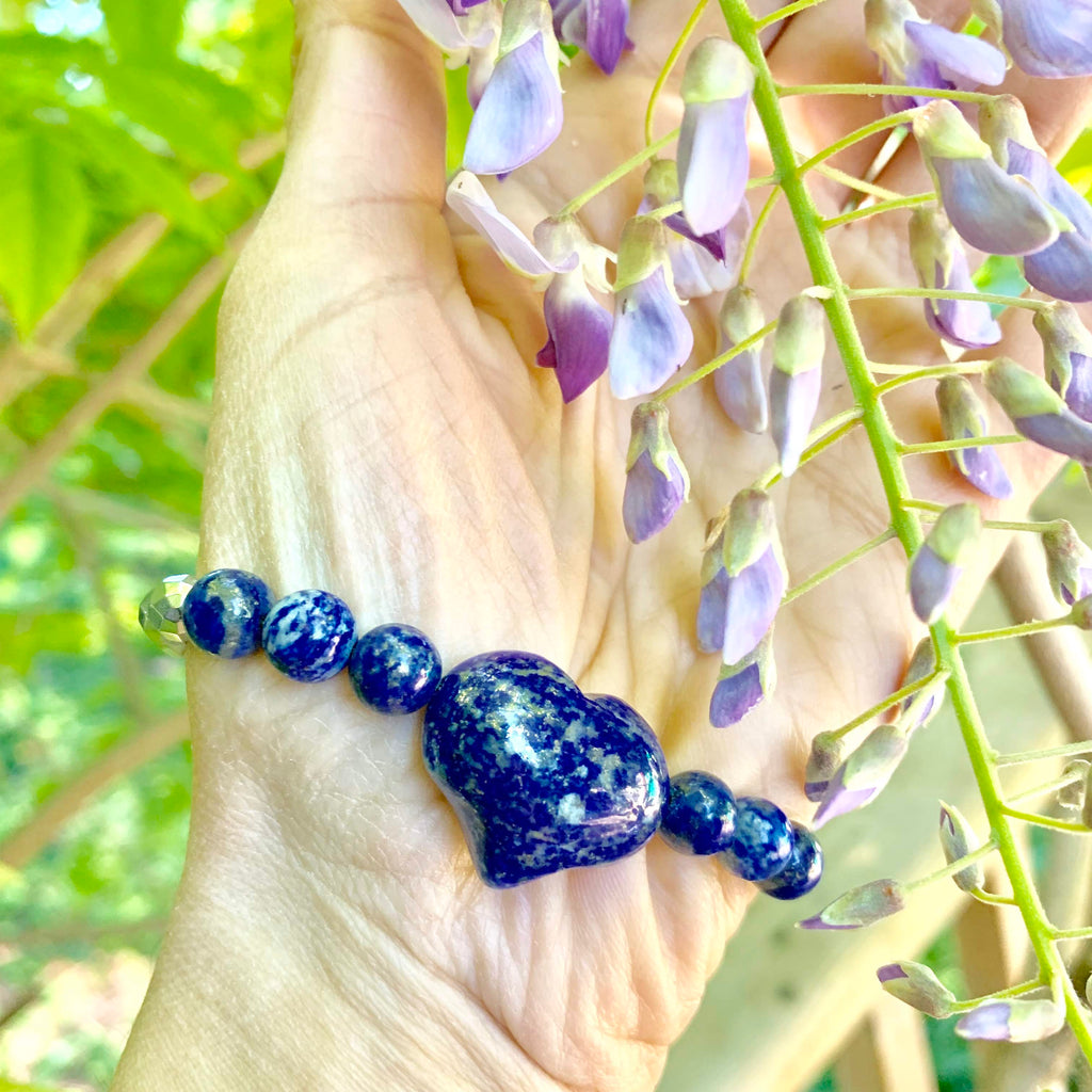 Vibrant Blue Lapis Lazuli Heart & Hematite Bracelet on Adjustable Cotton Cord - Earth Family Crystals