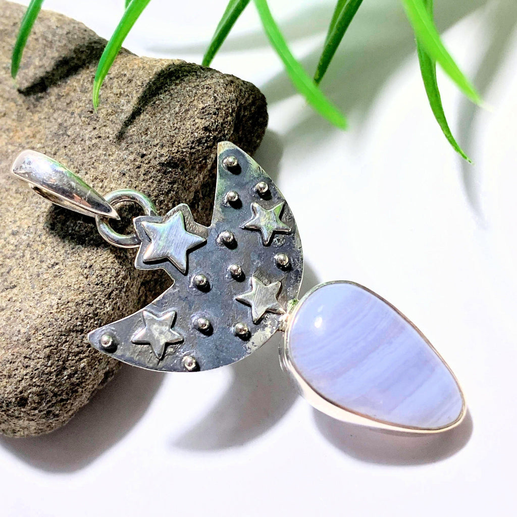 Crescent Moon & Stars Blue Lace Agate Sterling Silver Pendant (Includes Silver Chain) - Earth Family Crystals