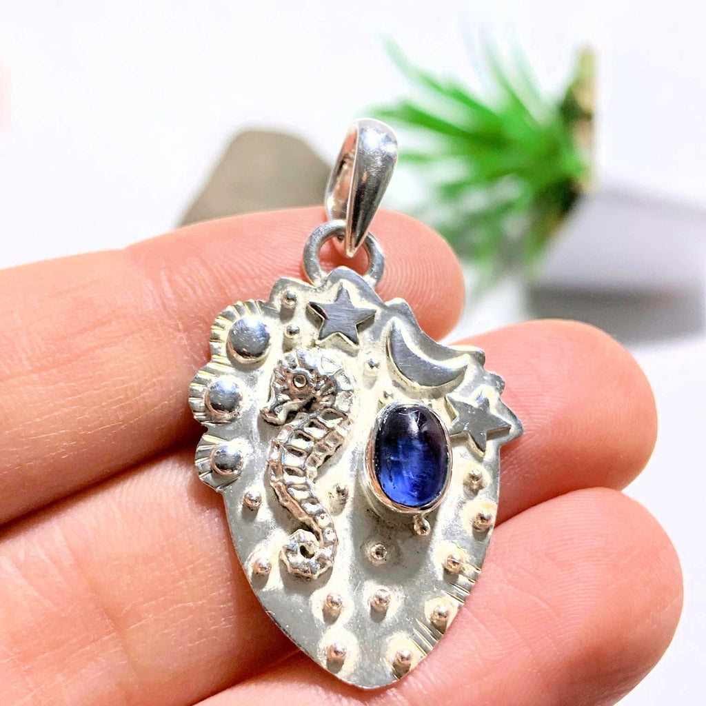 Gemmy Blue Kyanite Seahorse, Moon & Stars  Sterling Silver Pendant (Includes Silver Chain) - Earth Family Crystals