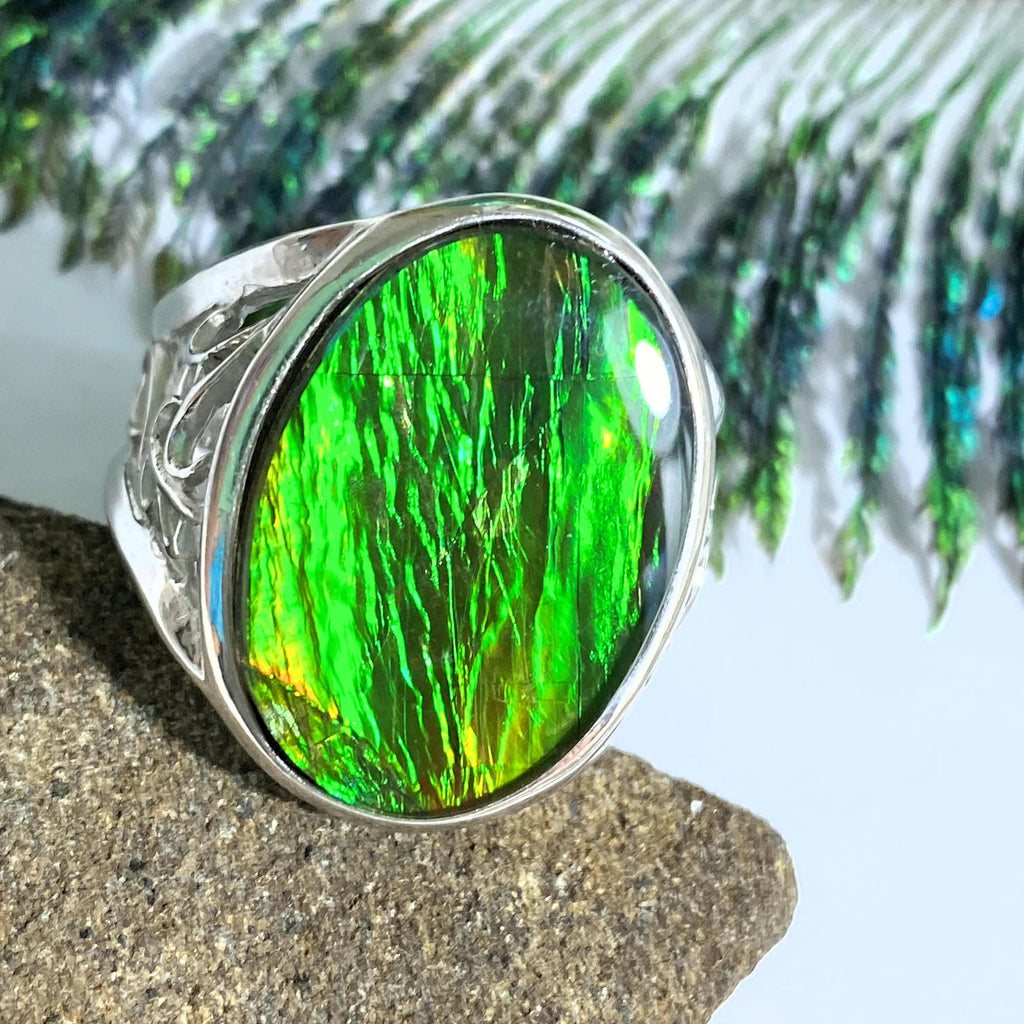 Chunky Alberta Ammolite Quartz Capped  Ring in Sterling Silver (Size 12.5) - Earth Family Crystals