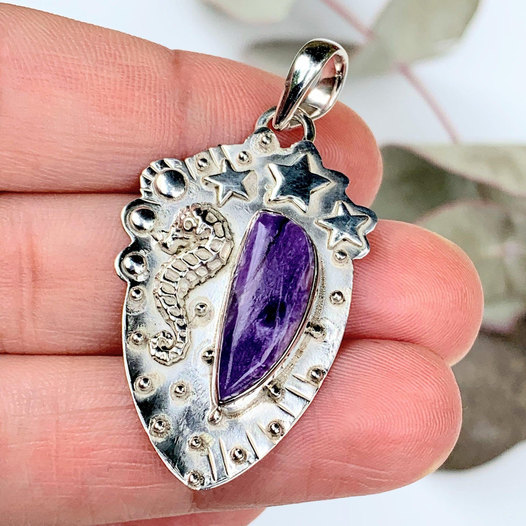 Lovely Seahorse & Stars Silky Purple Charoite Pendant In Sterling Silver (Includes Silver Chain) - Earth Family Crystals