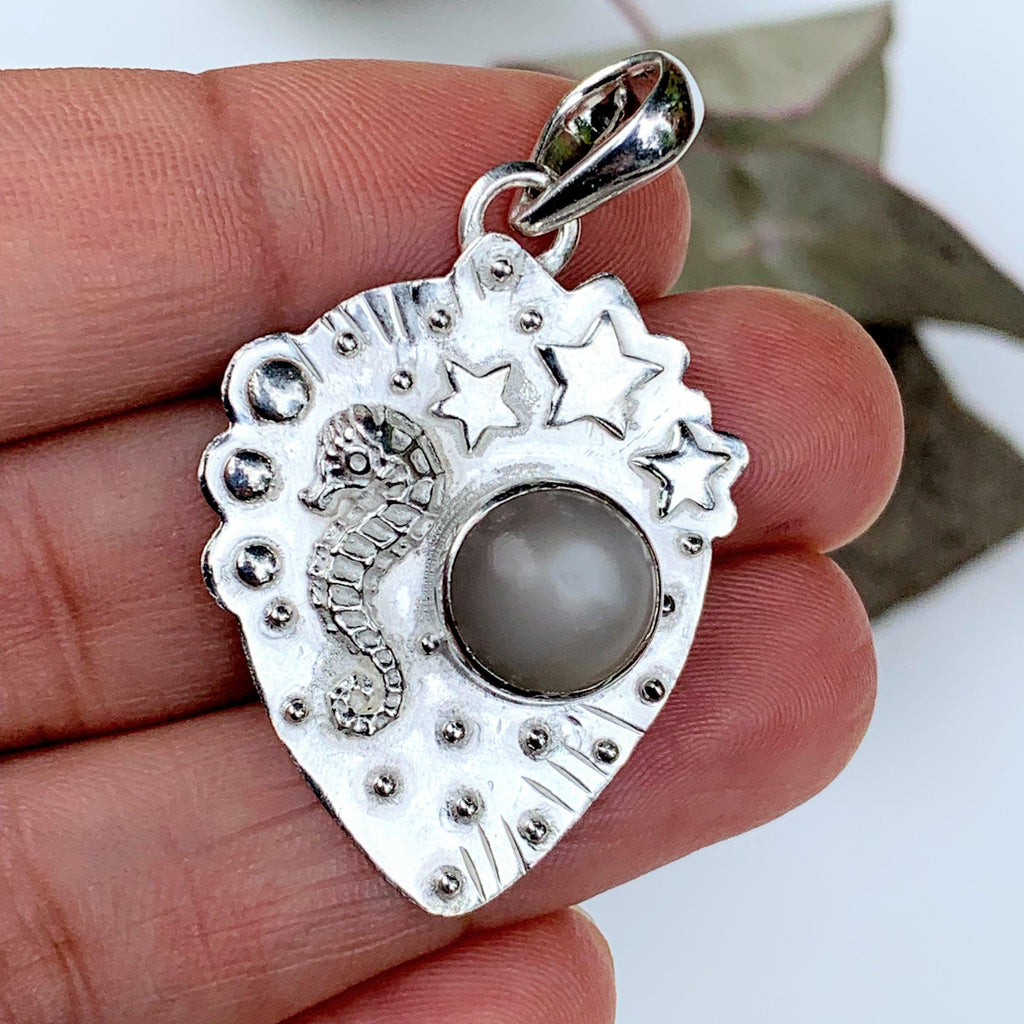 Adorable Seahorse & Stars Pearl Moonstone Gemstone Pendant in Sterling Silver (Includes Silver Chain) - Earth Family Crystals