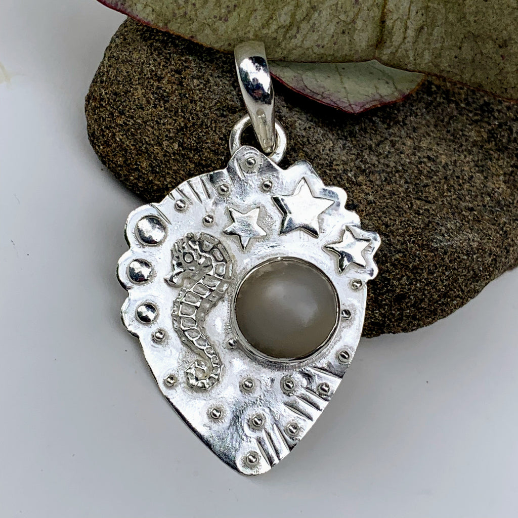 Adorable Seahorse & Stars Pearl Moonstone Gemstone Pendant in Sterling Silver (Includes Silver Chain) - Earth Family Crystals