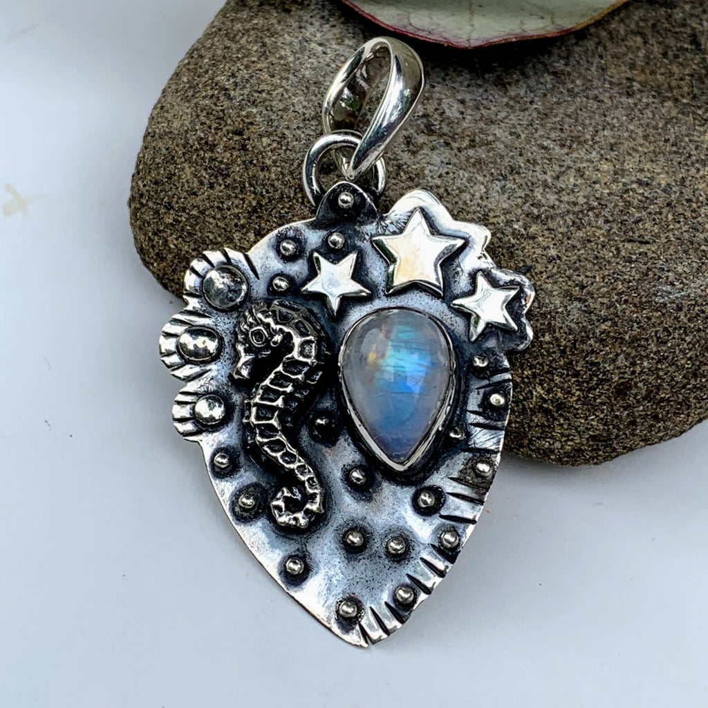 Lovely Seahorse & Stars Rainbow Moonstone Gemstone Pendant in Oxidized Sterling Silver (Includes Silver Chain) - Earth Family Crystals
