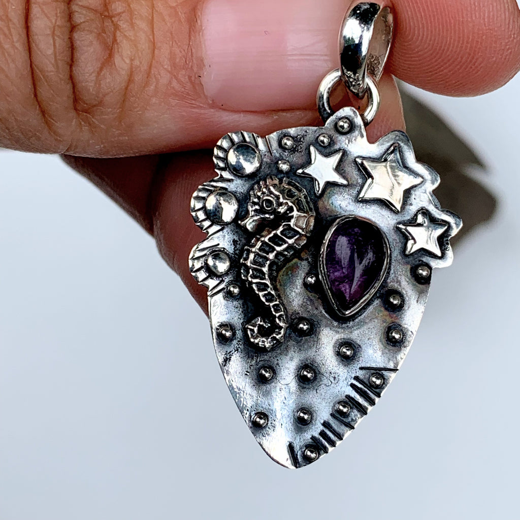 Delightful Seahorse & Stars Amethyst Oxidized Sterling Silver Pendant (Includes Silver Chain) - Earth Family Crystals